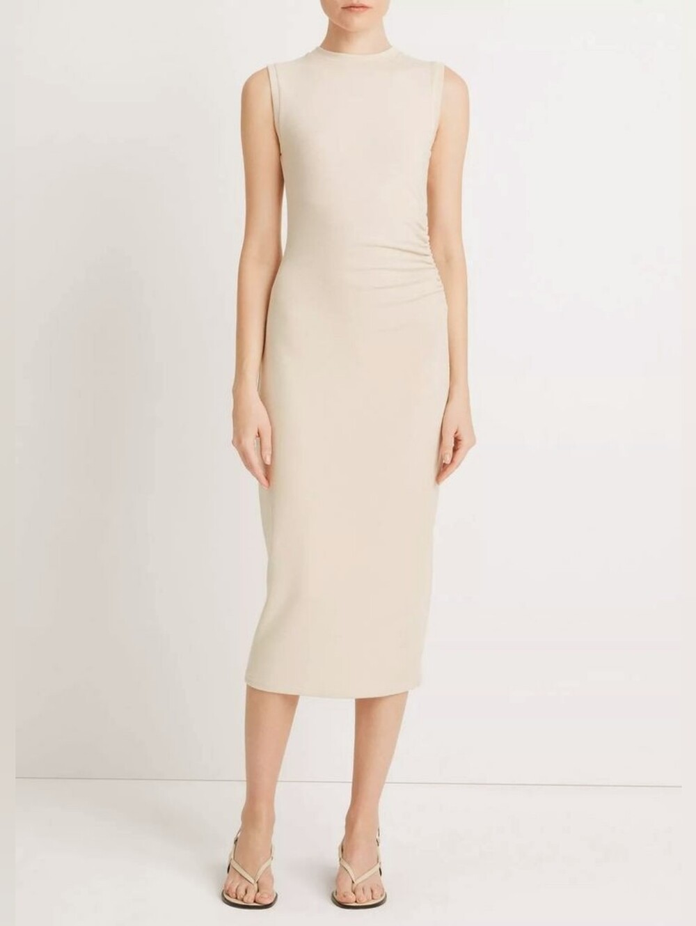 Vince Side Ruched Gathered Waist Midi Dress Ribbed Beige Bodycon Sz M Minimalist